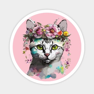 Floral Portrait of a Silver Tabby Cat Magnet